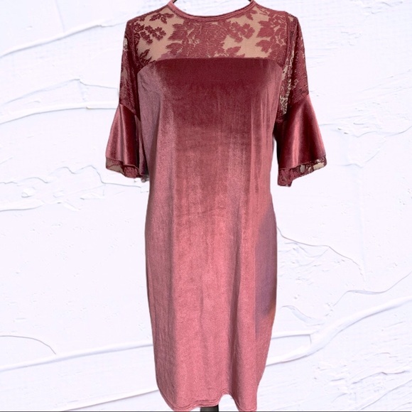 Dark Mauve Pink Velvet Lace Detail Short Ruffle Sleeve Plus Dress NEW - Picture 6 of 12